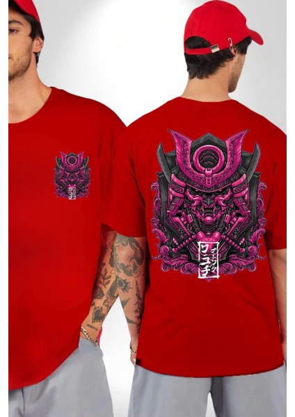 Japon Pembe Samuray Savaşçı Kadın Erkek Ön Minimal Sırt Baskılı Kırmızı Pamuklu Tişört