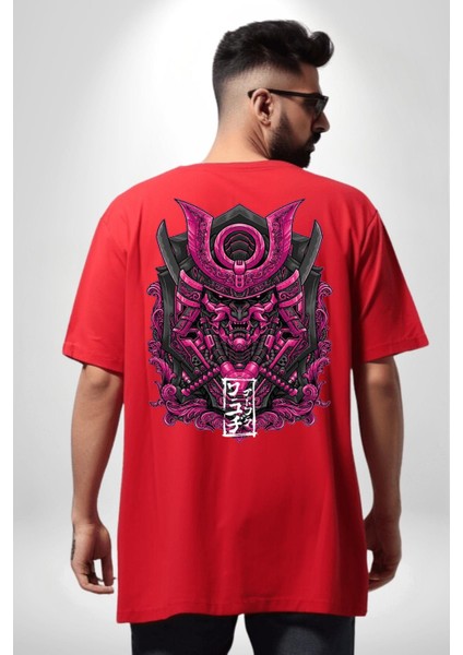 Japon Pembe Samuray Savaşçı Kadın Erkek Ön Minimal Sırt Baskılı Kırmızı Pamuklu Tişört fiyatları
