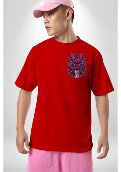 Japon Pembe Samuray Savaşçı Kadın Erkek Ön Minimal Sırt Baskılı Kırmızı Pamuklu Tişört modelleri