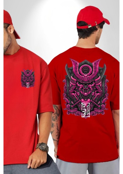 Japon Pembe Samuray Savaşçı Kadın Erkek Ön Minimal Sırt Baskılı Kırmızı Pamuklu Tişört fırsatları