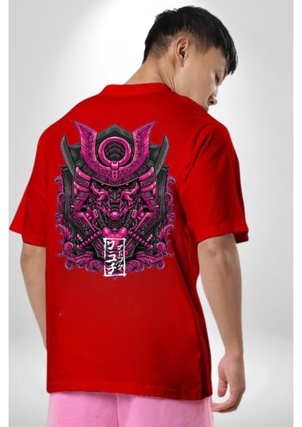 Japon Pembe Samuray Savaşçı Kadın Erkek Ön Minimal Sırt Baskılı Kırmızı Pamuklu Tişört indirimleri