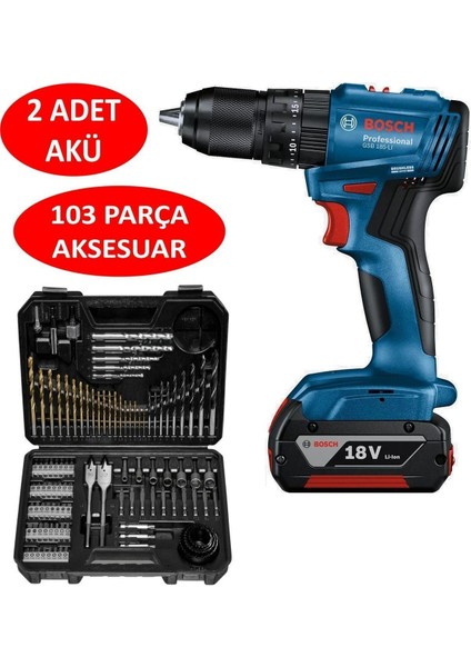 Professional Gsb 185-LI 2 x 2.0AH Çift Akülü Darbeli Matkap - 06019K3100 + Bosch V-Line Matkap & Vidalama Karışık Aksesuar Seti 103 Parça - 2607017367