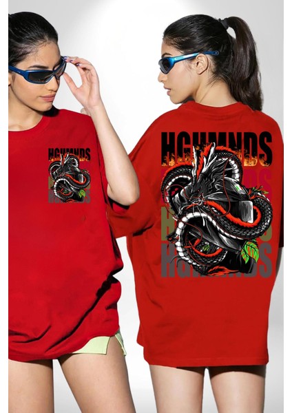 Italyan Motoru ve Ejderha Kadın Erkek Ön Minimal Sırt Baskılı Kırmızı Pamuklu Tişört modelleri