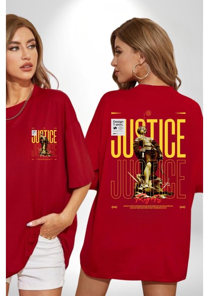 Adalet Doğru Olan Sokak Tarzı Kadın Erkek Ön Minimal Sırt Baskılı Kırmızı Pamuklu Tişört