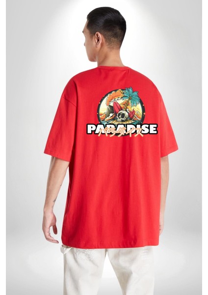 Cennet Iskelet Adam Ada Kadın Erkek Ön Minimal Sırt Baskılı Kırmızı Pamuklu Tişört indirimleri