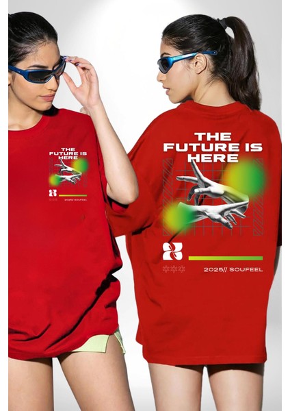 Gelecek Burada Modern Eller Kadın Erkek Ön Minimal Sırt Baskılı Kırmızı Pamuklu Tişört