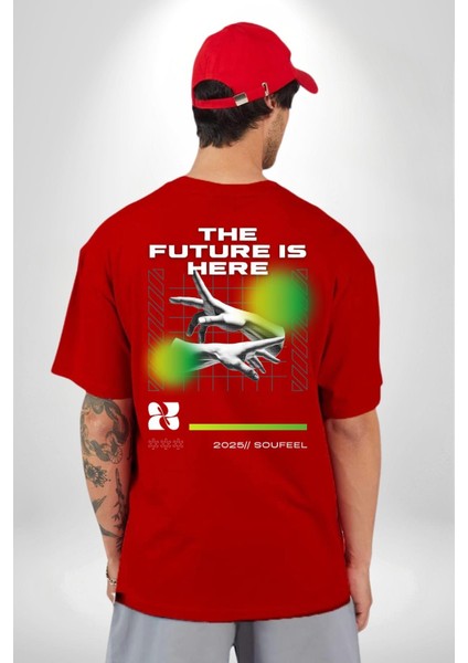 Gelecek Burada Modern Eller Kadın Erkek Ön Minimal Sırt Baskılı Kırmızı Pamuklu Tişört fiyatları