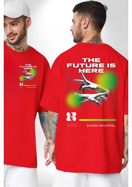 Gelecek Burada Modern Eller Kadın Erkek Ön Minimal Sırt Baskılı Kırmızı Pamuklu Tişört fırsatları