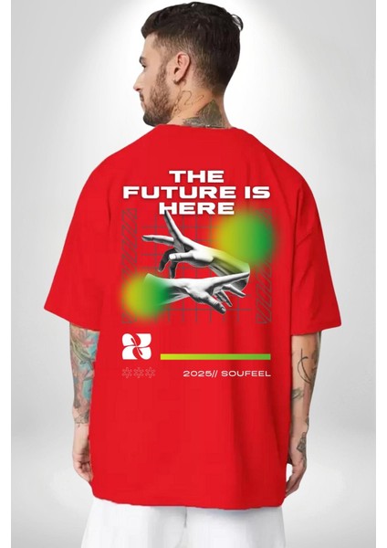 Gelecek Burada Modern Eller Kadın Erkek Ön Minimal Sırt Baskılı Kırmızı Pamuklu Tişört indirimleri