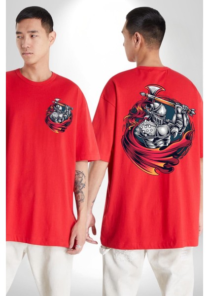 Orta Çağ Baltalı Gladyatör Savaşçı Kadın Erkek Ön Minimal Sırt Baskılı Kırmızı Pamuklu Tişört