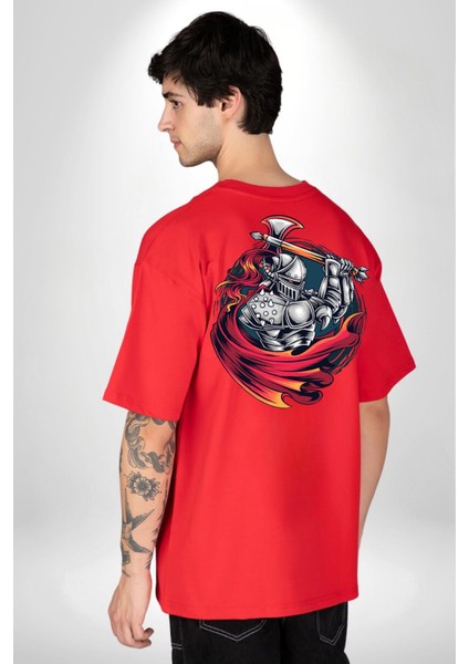 Orta Çağ Baltalı Gladyatör Savaşçı Kadın Erkek Ön Minimal Sırt Baskılı Kırmızı Pamuklu Tişört fiyatları