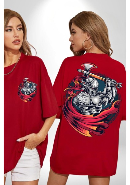 Orta Çağ Baltalı Gladyatör Savaşçı Kadın Erkek Ön Minimal Sırt Baskılı Kırmızı Pamuklu Tişört fırsatları