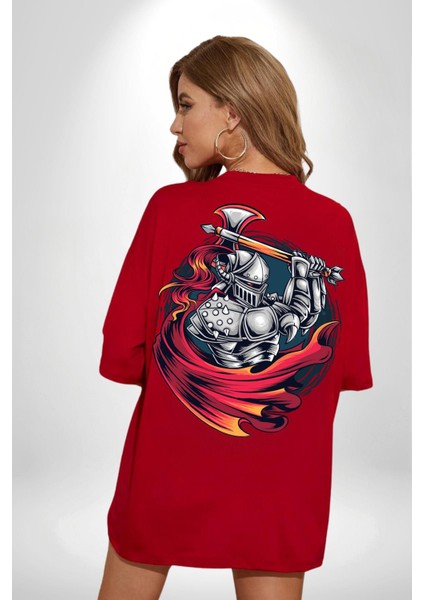 Orta Çağ Baltalı Gladyatör Savaşçı Kadın Erkek Ön Minimal Sırt Baskılı Kırmızı Pamuklu Tişört indirimleri