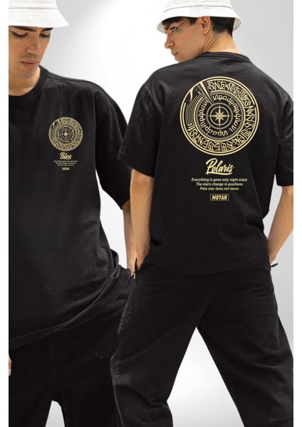 Altın Küre Pusula Çapa Kadın Erkek Ön Minimal Sırt Baskılı Siyah Pamuklu Tişört