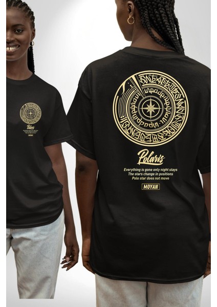 Altın Küre Pusula Çapa Kadın Erkek Ön Minimal Sırt Baskılı Siyah Pamuklu Tişört fırsatları