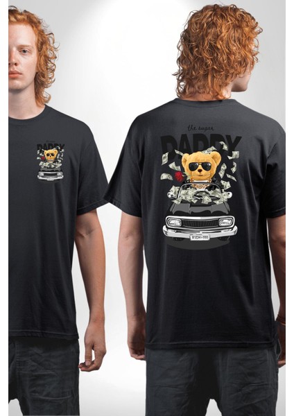 Para Babası Oyuncak Ayı Kadın Erkek Ön Minimal Sırt Baskılı Siyah Pamuklu Tişört