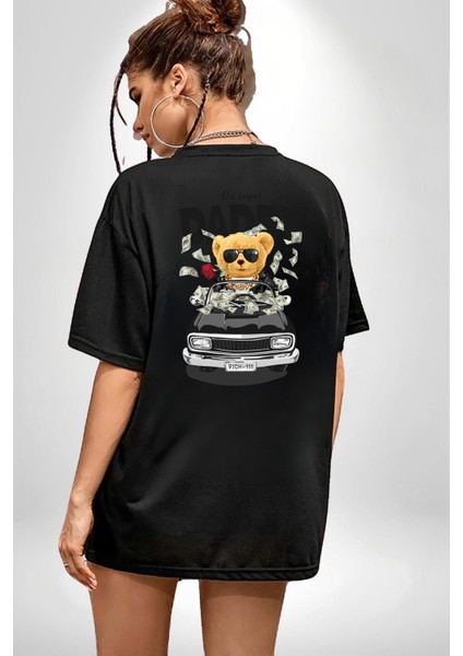 Para Babası Oyuncak Ayı Kadın Erkek Ön Minimal Sırt Baskılı Siyah Pamuklu Tişört fiyatları