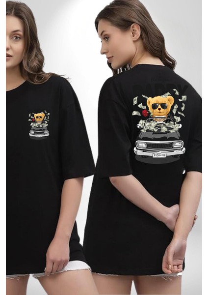 Para Babası Oyuncak Ayı Kadın Erkek Ön Minimal Sırt Baskılı Siyah Pamuklu Tişört fırsatları