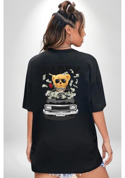 Para Babası Oyuncak Ayı Kadın Erkek Ön Minimal Sırt Baskılı Siyah Pamuklu Tişört indirimleri