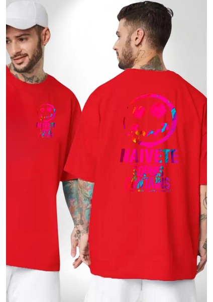 Gülen Rengarenk Surat Kadın Erkek Ön Minimal Sırt Baskılı Kırmızı Pamuklu Tişört