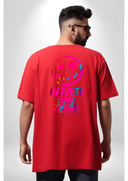 Gülen Rengarenk Surat Kadın Erkek Ön Minimal Sırt Baskılı Kırmızı Pamuklu Tişört fiyatları