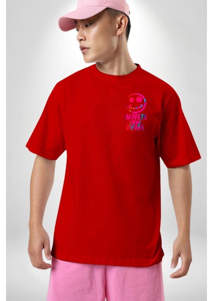 Gülen Rengarenk Surat Kadın Erkek Ön Minimal Sırt Baskılı Kırmızı Pamuklu Tişört modelleri