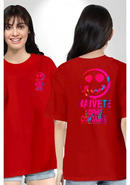 Gülen Rengarenk Surat Kadın Erkek Ön Minimal Sırt Baskılı Kırmızı Pamuklu Tişört fırsatları