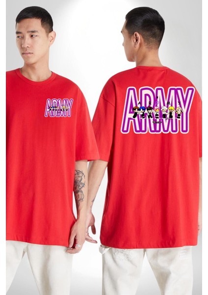 Bts Army Fan Tasarım Kadın Erkek Ön Minimal Sırt Baskılı Kırmızı Pamuklu Tişört