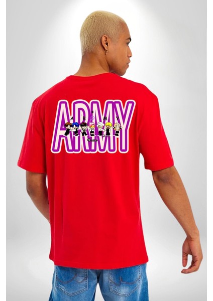 Bts Army Fan Tasarım Kadın Erkek Ön Minimal Sırt Baskılı Kırmızı Pamuklu Tişört
