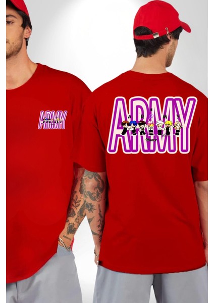 Bts Army Fan Tasarım Kadın Erkek Ön Minimal Sırt Baskılı Kırmızı Pamuklu Tişört