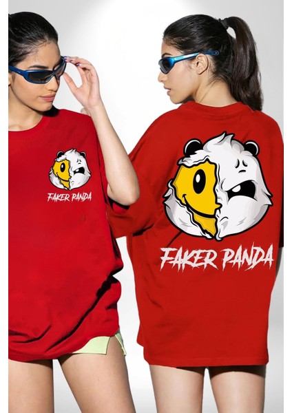 Sahtekar Panda Gülen Tatlı Panda Kadın Erkek Ön Minimal Sırt Baskılı Kırmızı Pamuklu Tişört