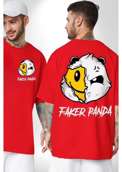 Sahtekar Panda Gülen Tatlı Panda Kadın Erkek Ön Minimal Sırt Baskılı Kırmızı Pamuklu Tişört fırsatları