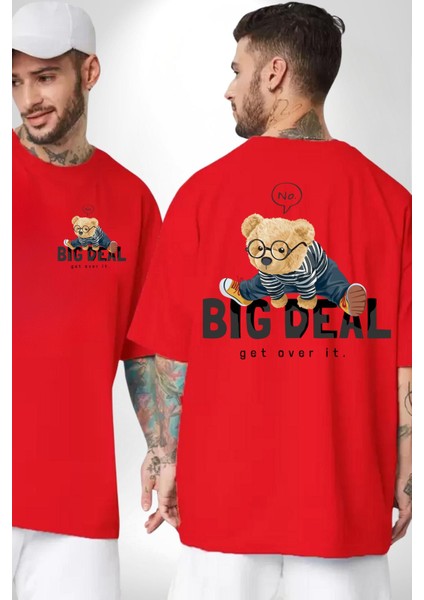 Büyük Anlaşma Oyuncak Ayı Kadın Erkek Ön Minimal Sırt Baskılı Kırmızı Pamuklu Tişört
