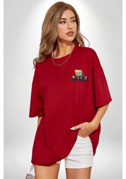 Büyük Anlaşma Oyuncak Ayı Kadın Erkek Ön Minimal Sırt Baskılı Kırmızı Pamuklu Tişört indirimleri
