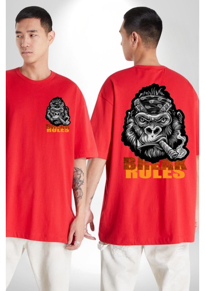 Kuralları Yık Sinirli Goril Özgür Ruh Kadın Erkek Ön Minimal Sırt Baskılı Kırmızı Pamuklu Tişört