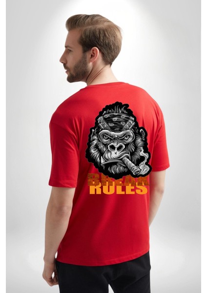Kuralları Yık Sinirli Goril Özgür Ruh Kadın Erkek Ön Minimal Sırt Baskılı Kırmızı Pamuklu Tişört fiyatları