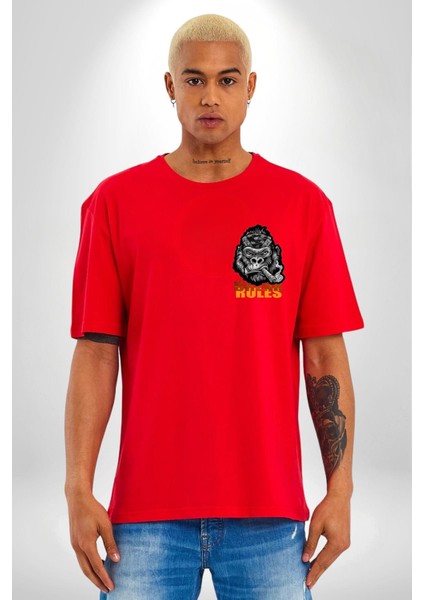 Kuralları Yık Sinirli Goril Özgür Ruh Kadın Erkek Ön Minimal Sırt Baskılı Kırmızı Pamuklu Tişört modelleri