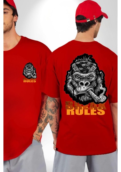 Kuralları Yık Sinirli Goril Özgür Ruh Kadın Erkek Ön Minimal Sırt Baskılı Kırmızı Pamuklu Tişört fırsatları
