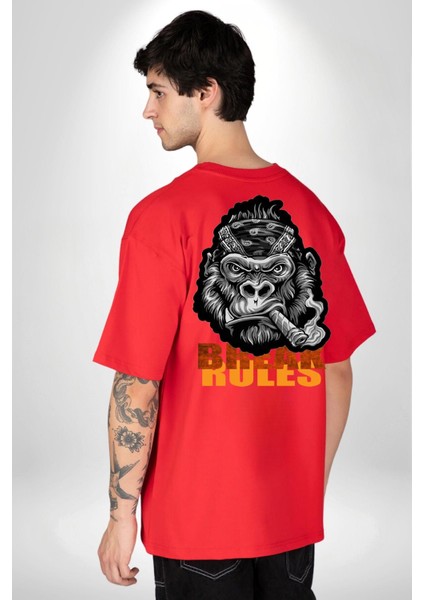 Kuralları Yık Sinirli Goril Özgür Ruh Kadın Erkek Ön Minimal Sırt Baskılı Kırmızı Pamuklu Tişört indirimleri