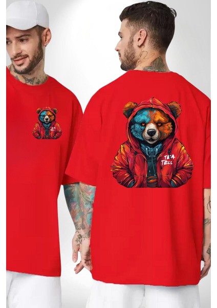 Kapşonlu Tatlı Sokak Tarzı Ayı Kadın Erkek Ön Minimal Sırt Baskılı Kırmızı Pamuklu Tişört