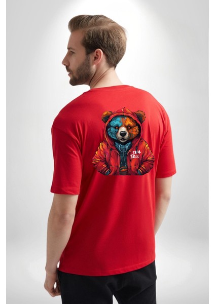 Kapşonlu Tatlı Sokak Tarzı Ayı Kadın Erkek Ön Minimal Sırt Baskılı Kırmızı Pamuklu Tişört fiyatları