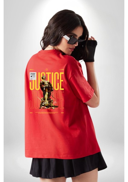 Adalet Doğru Olan Sokak Tarzı Kadın Erkek Ön Minimal Sırt Baskılı Kırmızı Pamuklu Tişört indirimleri