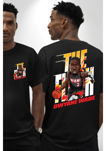 Dwyane Wade Basketbol Yıldız Kadın Erkek Ön Minimal Sırt Baskılı Siyah Pamuklu Tişört