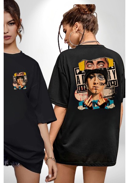 Eminem Rap Tanrısı Kadın Erkek Ön Minimal Sırt Baskılı Siyah Pamuklu Tişört