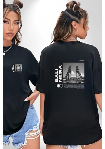 Bali Kültürü Yeni Tarz Kadın Erkek Ön Minimal Sırt Baskılı Siyah Pamuklu Tişört