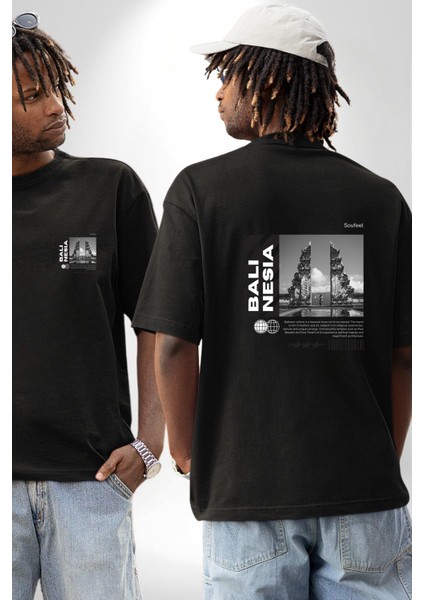 Bali Kültürü Yeni Tarz Kadın Erkek Ön Minimal Sırt Baskılı Siyah Pamuklu Tişört fırsatları