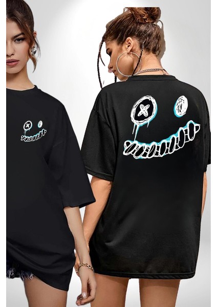 Korkunç Beyaz Hayalet Boncuk Gözlü Kadın Erkek Ön Minimal Sırt Baskılı Siyah Pamuklu Tişört