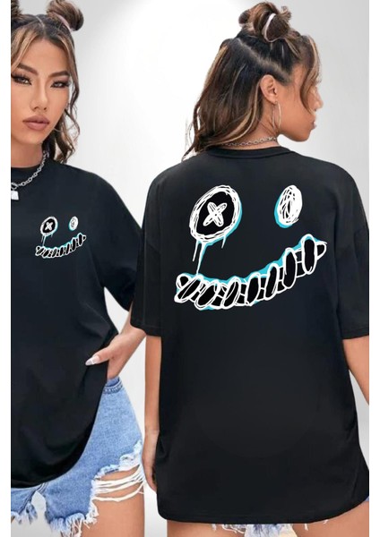 Korkunç Beyaz Hayalet Boncuk Gözlü Kadın Erkek Ön Minimal Sırt Baskılı Siyah Pamuklu Tişört fırsatları