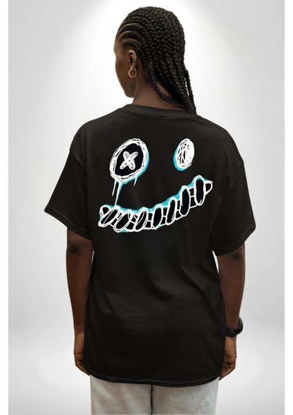 Korkunç Beyaz Hayalet Boncuk Gözlü Kadın Erkek Ön Minimal Sırt Baskılı Siyah Pamuklu Tişört indirimleri