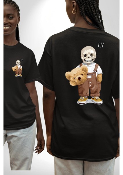 Merhaba Kurukafa Oyuncak Ayı Kadın Erkek Ön Minimal Sırt Baskılı Siyah Pamuklu Tişört